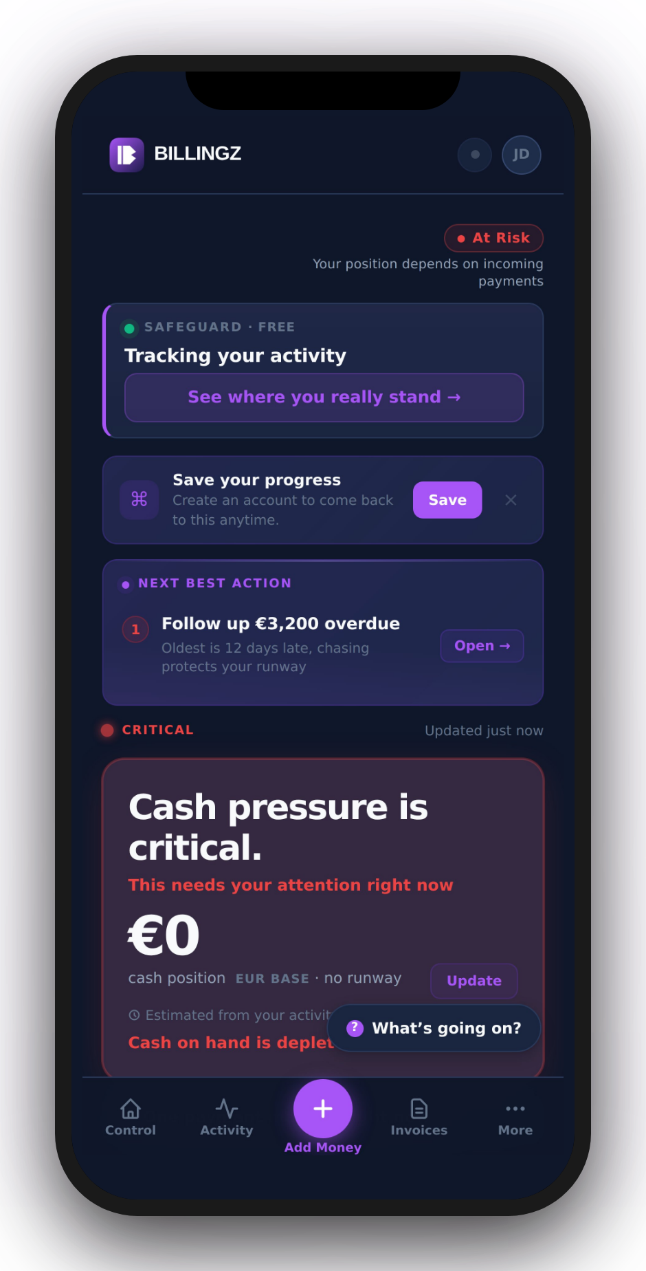 Billingz Control screen showing a critical cash position with a Next Best Action prompt to follow up on overdue invoices, illustrating operational clarity for an independent operator