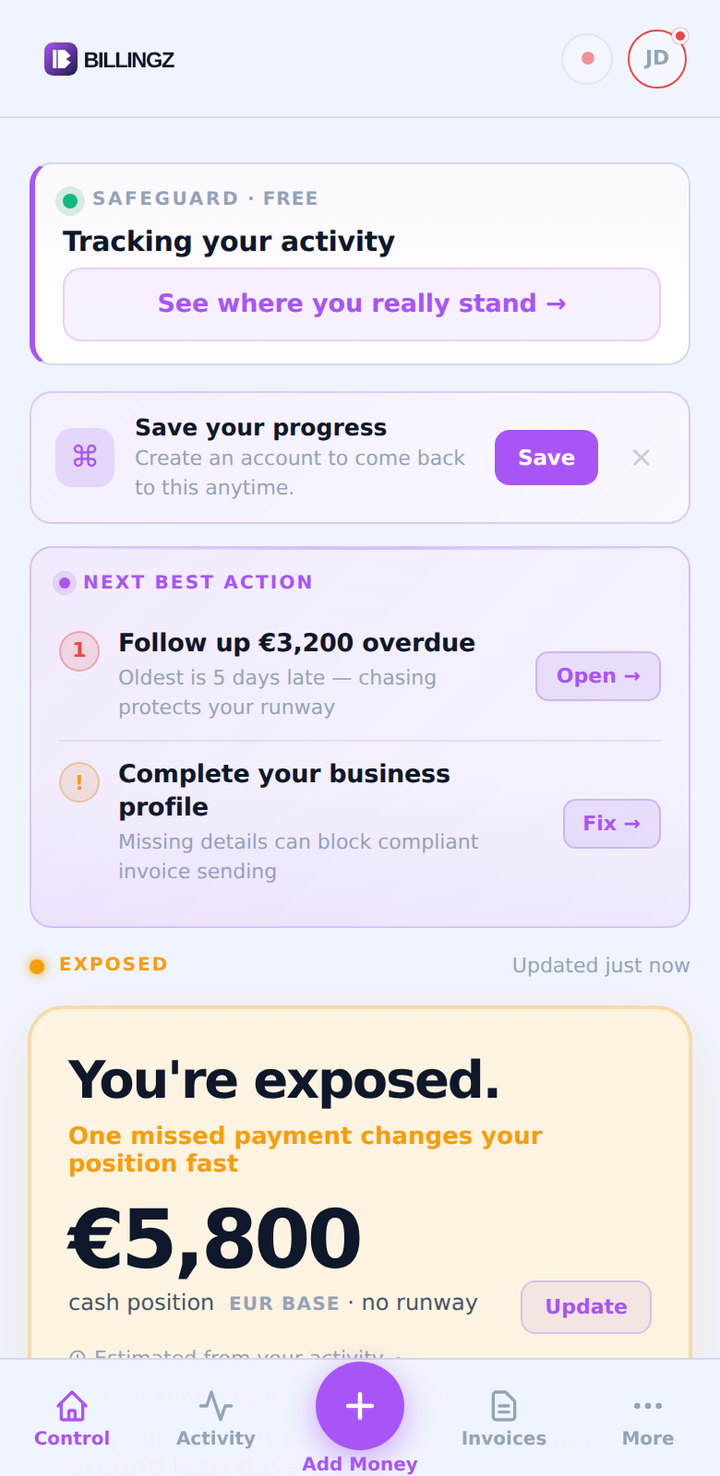 Billingz Control screen, €5,800 cash, follow up €3,200 overdue