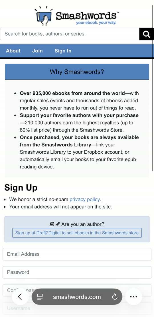 The Smashwords sign-up form