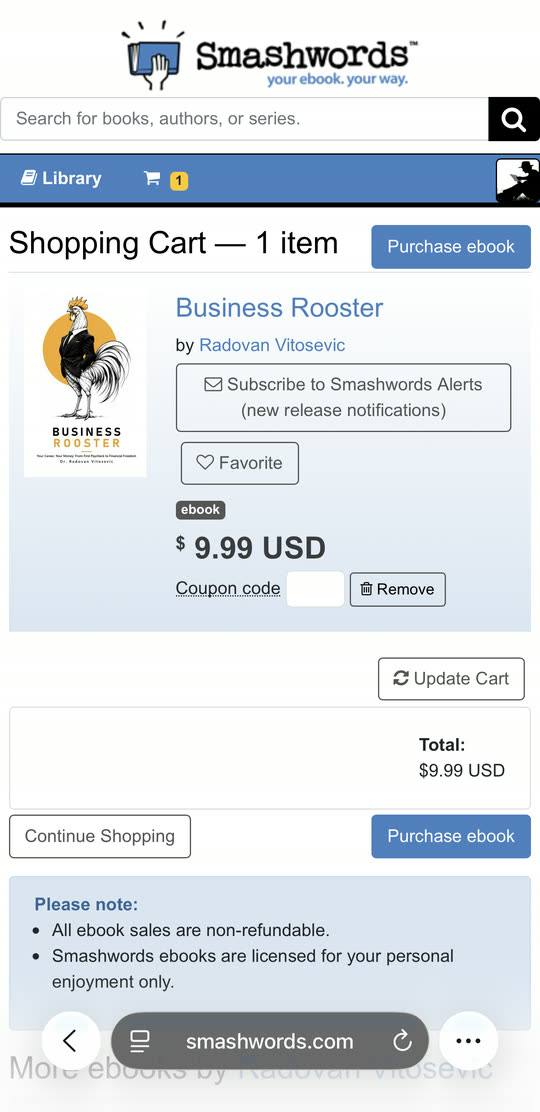 The Smashwords cart with Business Rooster at 9.99 US dollars