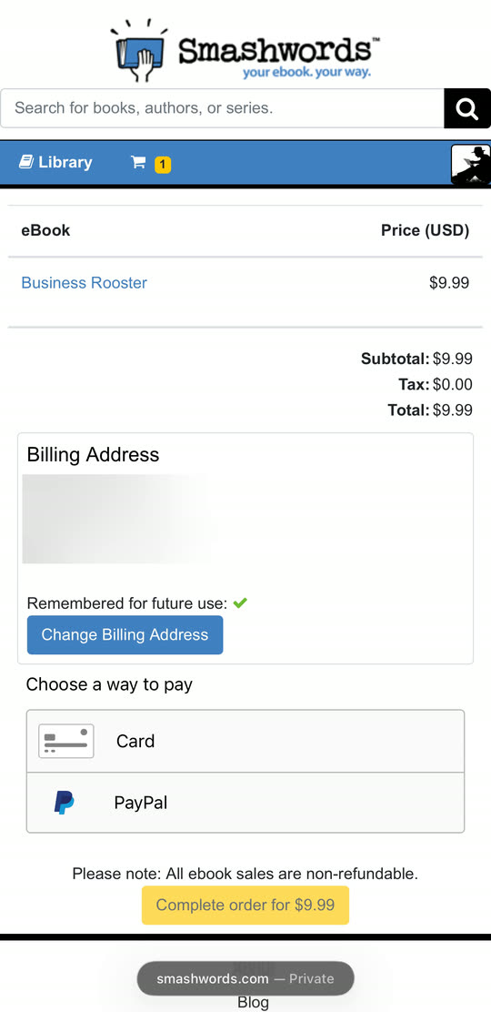 Smashwords checkout offering card or PayPal
