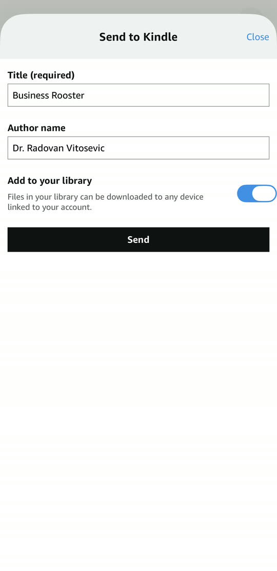The Send to Kindle window on a phone